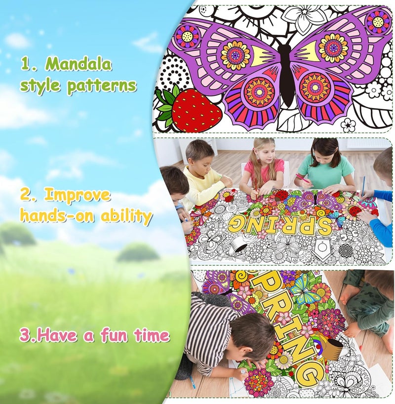 Dvbonike Jumbo Spring Mandala Coloring Poster Giant Flower Butterfly Color-in Paper Poster DIY Drawing Blank Doodle Art Banner 55 x 24 inch Decoration, Home School Activity Party Supplies for Kids - Image 5